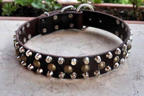 Studded dog collar - 3 Rows Leather Dog Collar &Studs &Pyramid